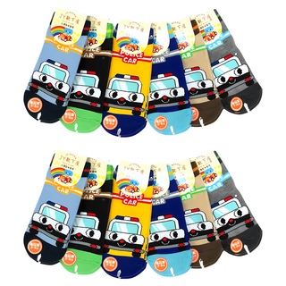 JY SOCKS 靴下屋 直版童襪 Set 12雙 - 台灣製造, 襪底有止滑顆粒, 卜卜車警車, 7~12歲 19~23cm