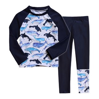 男童長袖分體泳衣套裝 - 無泳帽, M, 滿版鯊魚