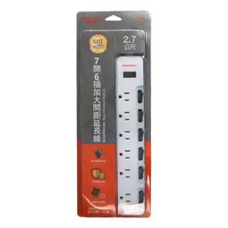 PowerSync 包爾星克 7開6插防雷擊抗搖擺加大間距延長線 TS76B927 29.2 x 5.1 x 2.88cm 586g, 2.7m, 白色, 1條