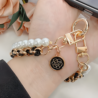 Timo 小香珍珠雙層手機短鍊, 皮革金屬塑膠材質，長度約19cm, 茶花黑, 1條