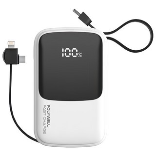POLYWELL 寶利威爾 帶雙線快充行動電源 10000mAh Type-C/USB-A/Micro-B/Lightning PW15-T16-A005, FP-PD10000, 白色