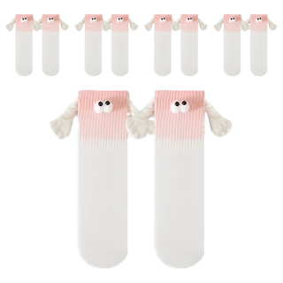 磁體款中筒襪甜蜜襪 Set 5雙, 立體可愛眼睛, 漸變色彩情侶牽手襪, 29cm, 粉白色