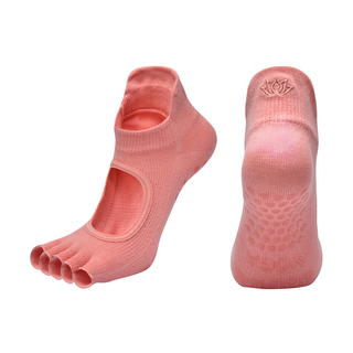 NicoFun 愛定做 露趾瑜伽襪 女襪 腳背鏤空透氣 防滑運動襪 珊瑚紅 22~24.5cm