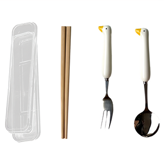 瑞典廚房 可愛動物餐具組/不鏽鋼環保餐具/便攜餐具, 1套, 黃鴨鴨, 湯匙 + 筷子 + 叉子 + 收納盒