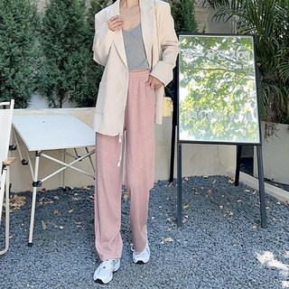 薄款慵懶抽繩垂墜直筒休閒褲, 腰鬆緊設計, 腰寬27cm 臀寬50cm 大腿寬25cm 褲腳寬24cm 全長95cm, 粉紅色