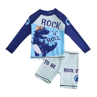 男童長袖恐龍防曬泳衣套裝 兒童泳裝 海灘服, L, 藍色