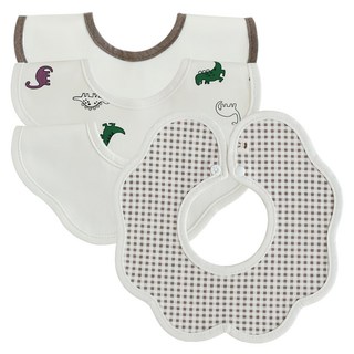 Banny Blossom 嬰幼兒滾邊棕色恐龍圍兜4件組, 4件, 1組, 可可格紋 + 米色 + 恐龍 + 棕色米色