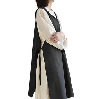 Hello Gem 亞麻側邊開衩長版圍裙, 黑色, 1個