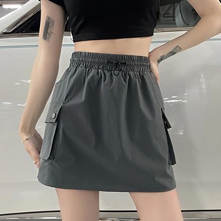工裝裙/口袋短裙 鬆緊腰, F號, 深灰