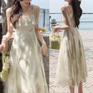 SISI【D24076】溫柔氣質碎花一字領無袖長裙：貼身顯瘦綁帶荷葉邊連衣裙，春夏性感辣妹必備, M