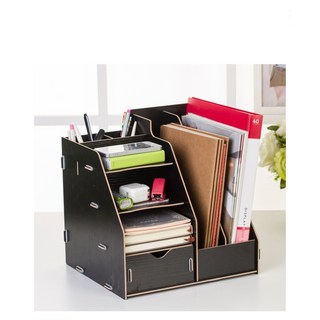 立雅小舖 DIY桌面木質書架 抽屜式收納儲物盒 桌上置物架 收納架 整理架 文件架(桌面文件架LY0070B), 1個, 黑色