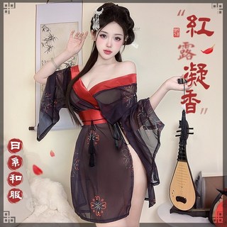 情趣和服！低領美肩日系緞面拼接薄透雪紡印花側高衩三件組