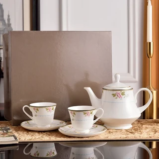 일본 복고풍 모란꽃 세라믹 더블 커피잔 세트 애프터눈 티컵 8인치/10인치 접시 선물 상자, 01 빠른, 02 2 cup saucer 1 pot