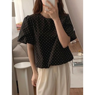 WEILI 女士圓領波爾卡圓點泡泡袖襯衫，少女風格夏季必備，展現甜美可愛氣息