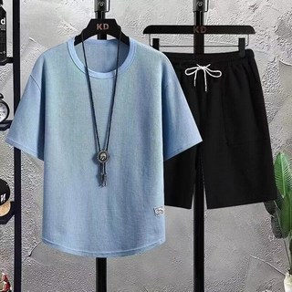 싱싱덴덩 반팔 트레이닝 세트 빅사이즈 티 반바지 냉장고 헬스복 솔리드 트레이닝 세트