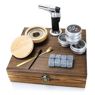 위스키 훈연 스모크 칵테일 스모커 키트 훈제 연기 불향 위스키스모커 기본 얼음 세트 + 우드 케이스 1개, D 세트-훈제기+화기+도구+목재+술돌