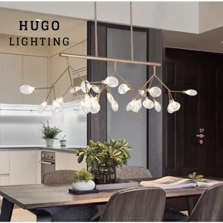 輕奢枝葉吊燈 一字型 直排式中島客廳餐桌燈 網紅螢火蟲吊燈 服裝店吧檯燈 主燈, 金色配透明玻璃 / 金吊線150cm,黃光