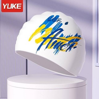 女款護耳長髮專業防水舒適男士大號印花矽膠泳帽, 白色塗鴉【標準矽膠帽舒適不勒頭】, 1個