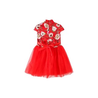 萱寶媽咪女童新年旗袍連身裙，短袖網紗蓬蓬裙，紅色拜年服