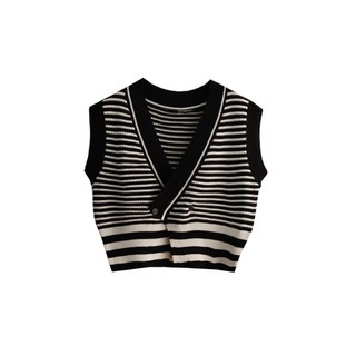 崔可小姐 條紋針織V領馬甲背心 寬鬆外穿毛衣背心 HG0049