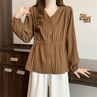 빅사이즈 여성복 봄가을 슬림핏 허리밴딩 브이넥 긴팔 럭셔리 캐주얼 싱글 상의 여자 프렌치 스타일 디자인 셔츠 체형커버 편안한 오버핏