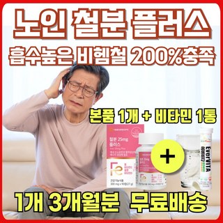 어지럼증에 좋은 철분 노인 어르신 어지럼증 어지러움 산소 혈액 생성 필수 영양소 철 보충제 철분제 영양제 60대 70대 80대 어지럼 어지러울때 비타민 식물성 비헴철 에너데이, 90정, 1개