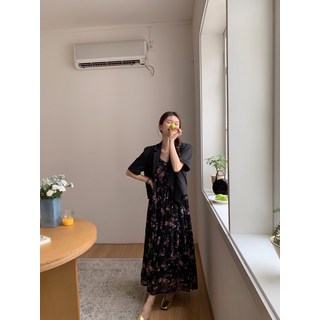 원피스자켓세트 여름하객룩 롱 끈나시 원피스 블랙 루즈핏 자켓 꽃무늬 쉬폰 플리츠 투피스