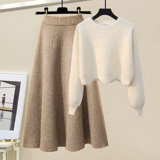 Yumico 2pcs 여성 오버핏 라운드넥 니트 하이웨스트 허리밴딩 스커트 투피스세트 캐주얼 데일리룩 출근룩 날씬해보이는 투피스 LKS-19