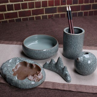 巨匠工廠青瓷陶瓷高檔文房四寶水滴筆筒筆洗筆架硯臺套裝5件套, 文房大硯臺5件套哥窯粉青, 1個