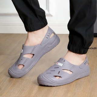 沙灘鞋 洞洞鞋男款夏季防滑車間工作鞋休閑學生透氣包頭沙灘漂流鞋涼鞋男
