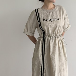 [행복여] 스포티 띠줄 배색 레터링 아노락 루즈핏 반팔 원피스