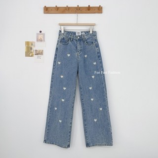 Fee現貨 正韓滿版愛心直筒牛仔褲 水洗牛仔 直筒褲 休閒褲 韓系穿搭 牛仔長褲 FSY 修身顯瘦 韓國女裝