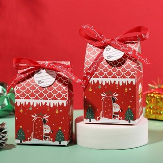 《巧緻》 聖誕節包裝盒 房子造型盒 聖誕小房子 牛皮紙盒 喜糖盒 糖果盒 聖誕造型盒 小盒子 紅色 綠色 ，紅綠色房子盒, 5個