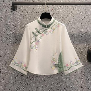 民國風女裝 大碼改良漢服 五四青年裝, 白綠上衣【側面有拉鍊】,L【建議95-110斤】