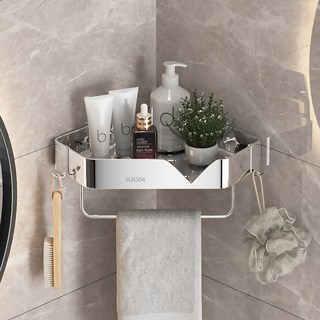 무타공 스텐인리스 욕실 코너형 접착식 선반, 은색, 1개