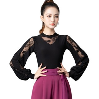 라틴댄스복 라인댄스복 긴팔 시스루 레이스 여성 스포츠 티셔츠 상의