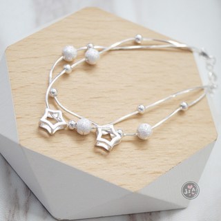 正生純銀 雙層蛇鍊磨砂珠縷空星星990足銀手鍊, 1個