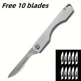 야외용 날카로운 접이식 메스 알루미늄 다용도 칼 칼날 교환 가능 키체인 휴대용 조각 포장 풀기 도구, 05 silver add 10 blade, 1개