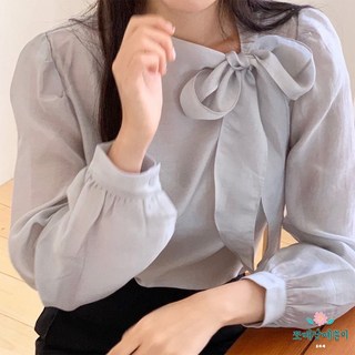 쪼예 하객룩 쉬폰 리본 타이 퍼프 긴팔 블라우스