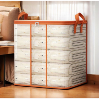 다용도 대용량 투명 PVC 이불 정리함 이동식 보관 가방 방수 방진 손잡이 고정형 수납 상자, 1개, 투명 오렌지 프레임 초대형