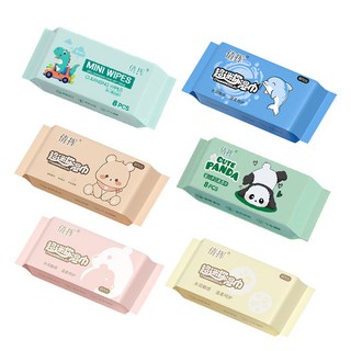 旅遊必備迷你濕紙巾小包裝，獨立包裝，柔軟親膚，多用途清潔，隨機圖案，輕巧便攜, 1套, 8張, 31g