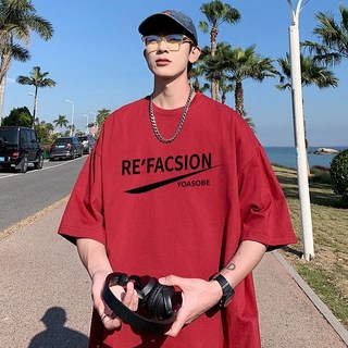 酒紅色t恤男夏季潮牌小領口短袖情侶裝2023新款美式復古半袖大碼