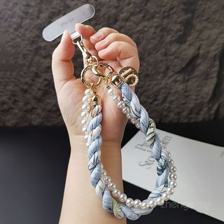 絲巾珍珠手機掛繩鏈ins時尚女手腕掛飾手機殼掛件串珠鏈短款手鍊, 【灰藍】兩股簡約珍珠手繩+透明卡條, 1個