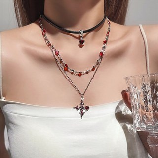 多層次項鍊 甜酷風 辣妹 紅色十字架 吊墜 鎖骨鍊