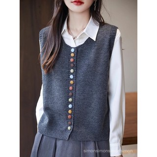 法式復古彩色鈕釦針織馬甲 女裝無袖背心毛衣 秋季外搭開襟百搭休閒上衣