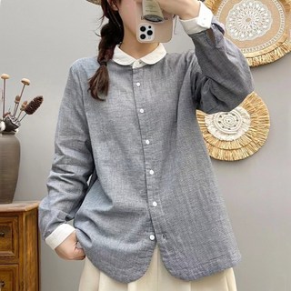 Asure 여자 여름 린넨 피터팬 카라 체크 패턴 디자인 셔츠