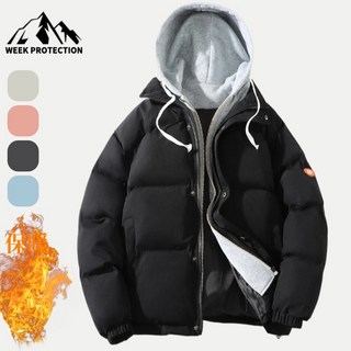 冬季假兩件連帽情侶外套 加厚保暖棉服 禦寒防寒