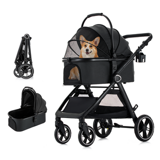 Nuvella 프리미엄 반려동물 유모차 강아지 퀵폴딩 디럭스 강아지유모차 개모차 고양이유모차, 블랙