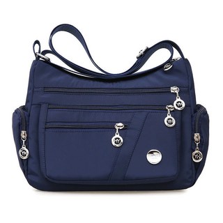 防水七隔層實用女性斜背包, 深藍色