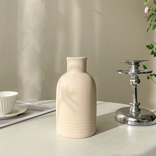 皇運之家百貨店 玫瑰仿真花 仿生絹花 玫瑰花束 客廳餐桌假花裝飾擺設插花擺件, 1個, 單花瓶【真正的陶瓷瓶】法式輕奢